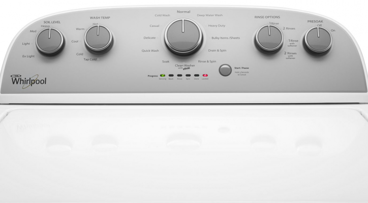 Whirlpool WTW5000DW washing machine washer top-load control panel controls dials white and gray color